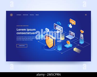 Isometric Security Data Protection concept. Server Pc monitor Tablet Phone Laptop in Cloud network. Vector illustration. Stock Vector