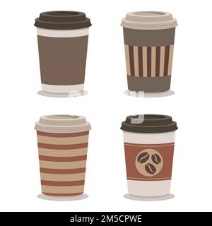 Collection of small brown coffee cups takeaway from flat paper coffee beans Stock Vector