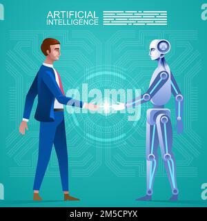 Human vs robot, Businessman standing with robot. Concept business automation future illustration. Vector cartoon character and abstract Stock Vector