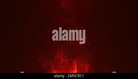 A vortex of red particles rising up on a dark red background. Bokeh particles. Sparks from the fire in the light of the flames. 3D render. Stock Photo