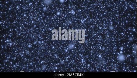 Many blue particles moving through space. Bokeh. Slow motion of snowflakes in a vortex of wind. 3D render. Stock Photo