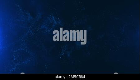 A vortex of blue particles slowly unfolding against a blue background. Bokeh particles. Water vapor in blue light. 3D render. Stock Photo