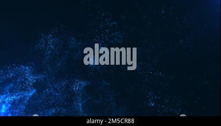 A vortex of blue particles slowly unfolding against a dark blue background. Bokeh particles. Water vapor in blue light. 3D render. Stock Photo