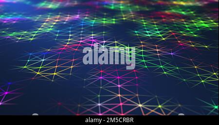 A swaying net under blue light. A surface formed by multicolored dots connected by multicolored lines. 3D render. Stock Photo
