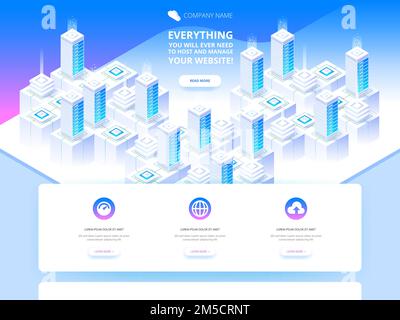 Hosting services, data center, server server room, template of page on information technologies theme. Isometric vector illustration Stock Vector