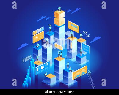 Technology concept of digital marketing and app development. People interacting with charts and analysing statistics. Data visualisation. 3d isometric Stock Vector