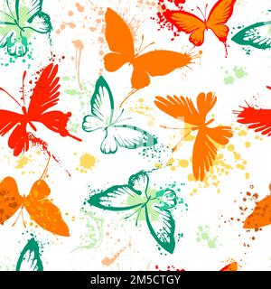 Seamless pattern of butterflies from watercolor blots. Bright watercolor butterflies on white background. Abstract hand-drawn texture. Stock Vector