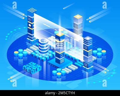 Computation of big data center, information processing, database. internet traffic routing, server room rack isometric vector technology Stock Vector