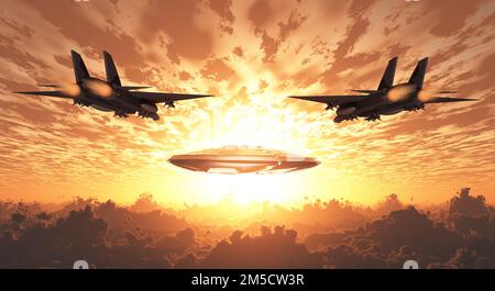 UFO and aircrafts. 3D rendering Stock Photo