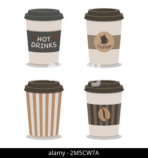 Collection of small brown flat paper takeaway coffee cups hot drinks Stock Vector