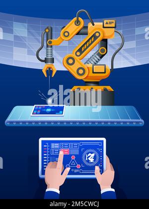 Industry 4.0 concept .Man hand holding tablet and yellow tone of automate wireless Robot arm in smart factory background Stock Vector
