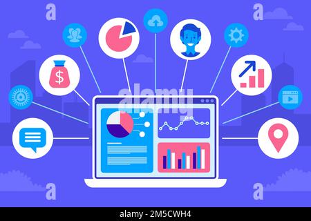 CRM concept design. Flat icons of accounting system, clients, support, deal. Organization of data on work with clients, Customer Relationship Manageme Stock Vector