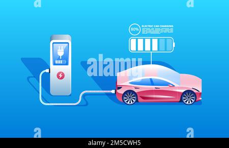 Vector illustration of a red electric car charging at the charger station. Electromobility e-motion concept. Stock Vector