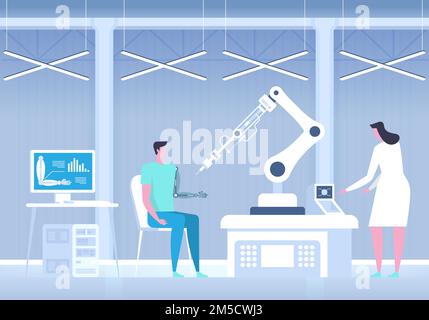 Man with bionic arm. Artificial hand. Science lab. Future medicine. Vector illustration Stock Vector