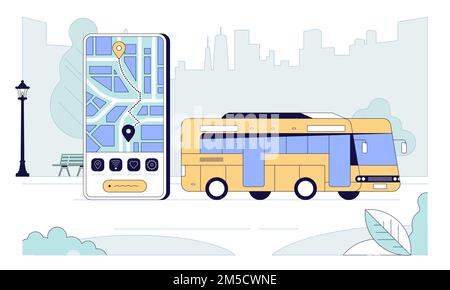 City bus and map app flat banner vector template. Cartoon mobile phone and public transportation on skyscrapers background. Urban traffic tracking app Stock Vector