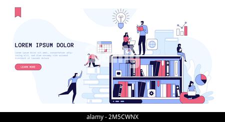 Remote education landing page vector template. Online school, bookshop website homepage interface idea with flat illustrations. Internet studying, dig Stock Vector