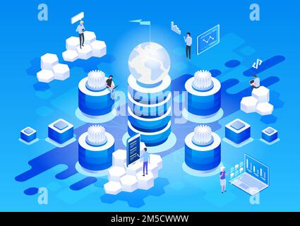 Concept of data network management .Vector isometric map with business networking servers, computers and devices. Stock Vector