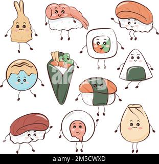 Set funny kawaii asian food Stock Vector