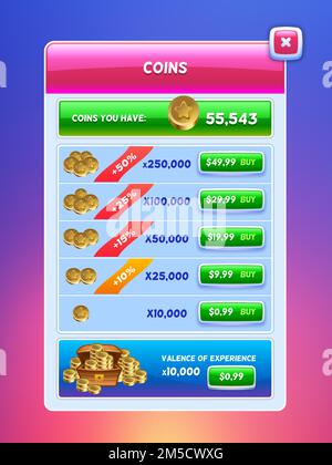 Game UI. Virtual currency bank screen. Creative concept vector interface game design. Stock Vector
