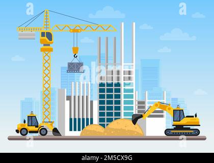 Construction site Building a house with cranes and machines Vector flat illustration Stock Vector