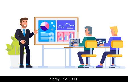Business meeting in conference room. Presentation of the project. Man speaks to his colleagues. Flat vector illustration Stock Vector