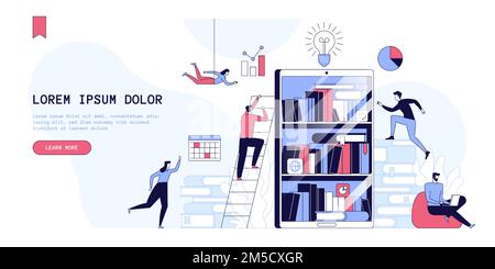 Internet library landing page vector template. E library website homepage interface idea with flat illustrations. Book archive, mobile app. Online edu Stock Vector