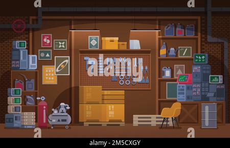 Basement Workshop vector Illustration. Garage or Cellar Indoor Storehouse with Mechanic Equipment Set. Stockroom or Carpentry Workplace with Shelves, Stock Vector