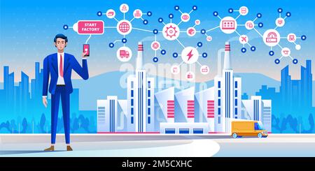 Smart industry 4.0. Man connecting with a factory using smartphone and exchanging data with a neural network. Artificial intelligence. Vector illustra Stock Vector