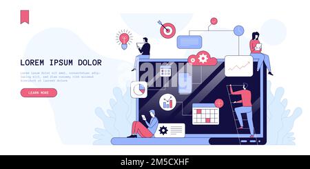 Search engine optimization landing page template. SEO, marketing website homepage interface idea with flat vector illustrations. Workflow optimization Stock Vector