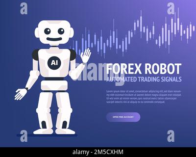 Stock exchange trading robot banner. Forex market. Forex trading. Technologies in business and trading. Artificial intelligence. Equity market. Busine Stock Vector
