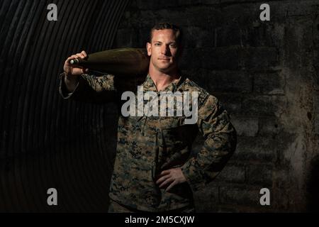 U.S. Marine Corps Sgt. Tyler Matthews, an Explosive Ordnance Disposal (EOD) technician, poses for a photo in Morocco, March 2, 2022. Marines, Sailors, and members of the Utah National Guard are participating in Humanitarian Mine Action, EOD Morocco 2022 where U.S. EOD technicians are supervising level three EOD validation of Royal Moroccan Armed Forces (FAR) soldiers to continue efforts to create an EOD capability inside the FAR. Stock Photo