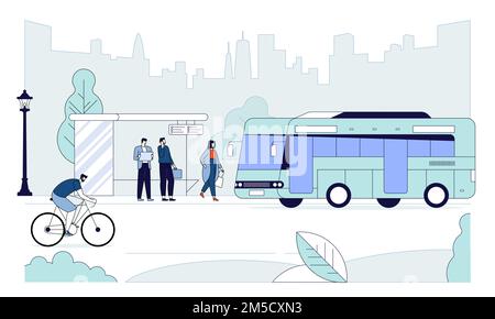 Bus stop flat vector illustration. People waiting for bus, man riding bicycle cartoon characters. Urban transportation means. Public transport on skys Stock Vector