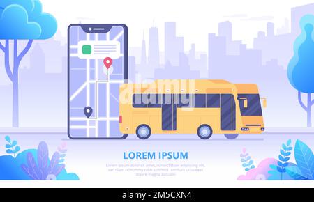 City bus and map app flat banner vector template. Cartoon mobile phone and public transportation on skyscrapers background. Urban traffic tracking app Stock Vector
