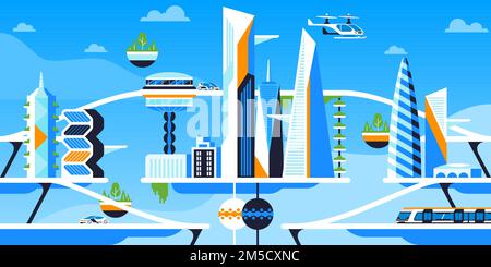 Future city panorama flat vector illustration. Sustainable metropolis, futuristic urban architecture and eco friendly vehicles. High tech transportati Stock Vector