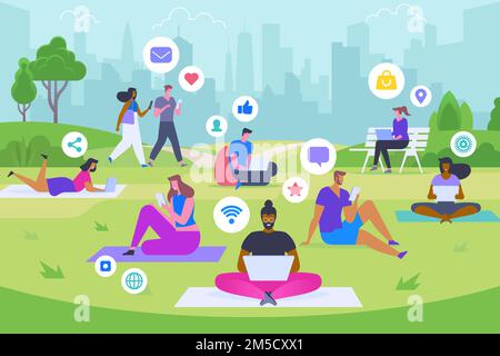 Social media recreation flat vector illustration. Happy men and women in park with gadgets cartoon characters. Modern leisure, trendy pastime, online Stock Vector