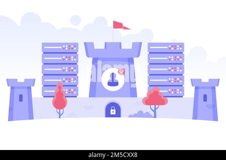 Data protection. Safe cyber space concept with castle, clouds and server racks. Computer online network and internet security. Antivirus, spyware, mal Stock Vector