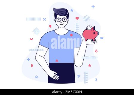 Investment in knowledge, student loans, scholarships. Student holds a piggy bank. Accumulation of funds for study. Study and finance concept. Vector i Stock Vector