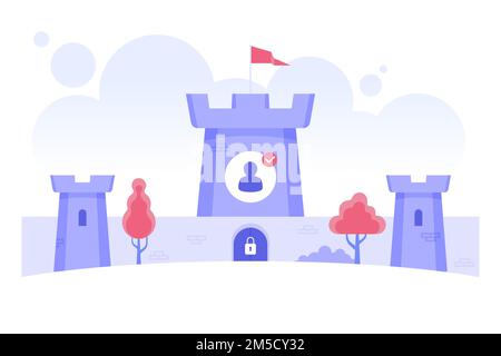 Data protection. Safe cyber space concept with castle, clouds and server racks. Computer online network and internet security. Antivirus, spyware, mal Stock Vector