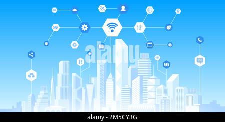 Smart city technology flat vector illustration. Internet of things, wireless internet network, connectivity concept. Urban cityscape, skyline and web Stock Vector