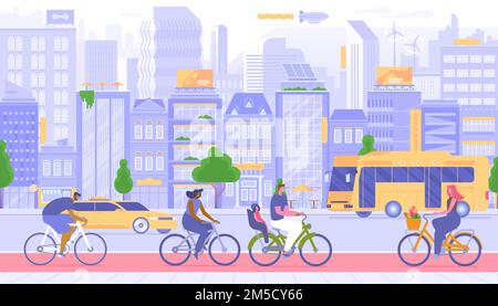 Urban transport, city travel vector illustration. Happy people on bicycles outdoors cartoon characters. Personal and public vehicles. Taxi cab and bus Stock Vector