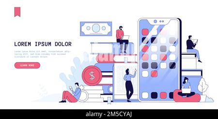 Application development landing page template. Modern mobile technology website homepage interface idea with flat vector illustrations. Software devel Stock Vector