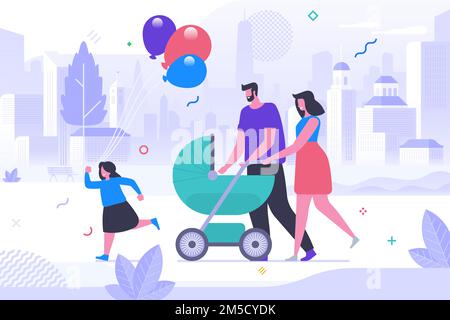 Young family on stroll flat vector illustration. Cheerful mother, father with kids cartoon characters. Married couple with pram, little girl holding f Stock Vector