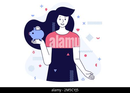 Young female student holds a piggy bank. Investment in knowledge. student loans, scholarships. Accumulation of funds for study. Study and finance conc Stock Vector