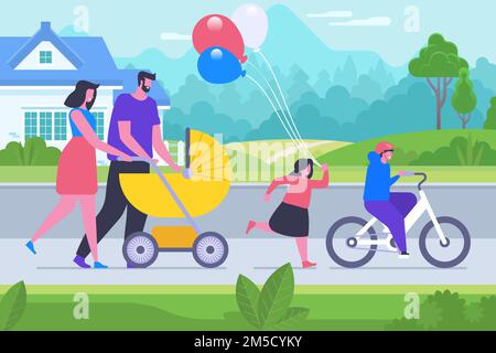 Parents and kids bonding flat vector illustration. Mother, father, son and daughter cartoon characters. People celebrating family day. Young couple wi Stock Vector