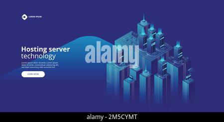 High detailed isometric vector illustration. Hosting server technology. Landing page template. Header for website. Stock Vector