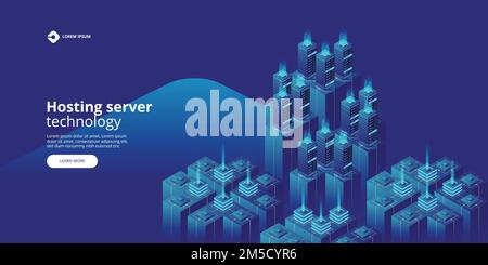 High detailed isometric vector illustration. Hosting server technology. Landing page template. Header for website. Stock Vector