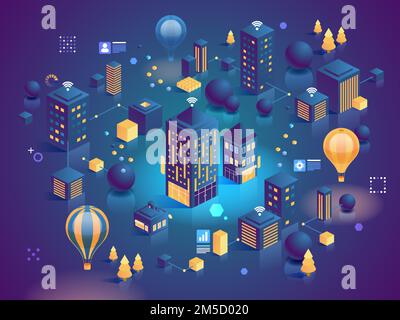 Isometric vector concept of smart city or intelligent building. Building automation with computer networking illustration. IoT platform as future tech Stock Vector