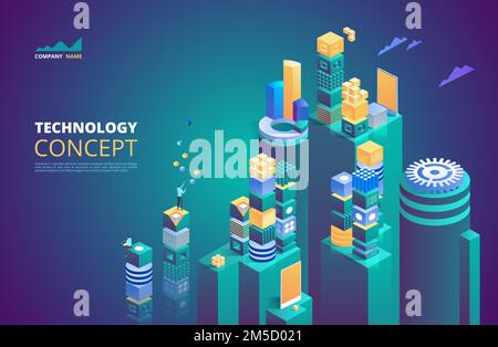 Technology isometric concept. Cryptocurrency and blockchain. Abstract future high tech vector illustration Stock Vector