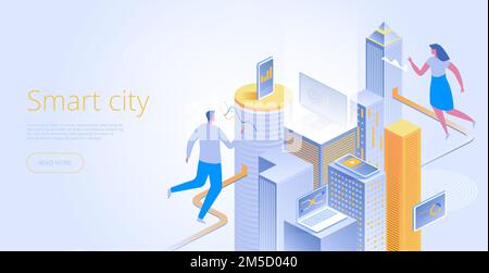 Isometric vector concept of smart city or intelligent building. Building automation with computer networking illustration. IoT platform as future tech Stock Vector