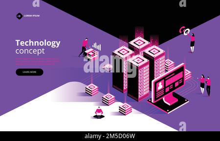 Technology concept. Internet datacenter connection, administrator of web hosting. Tech repair center hardware software database for safe server. Flat Stock Vector